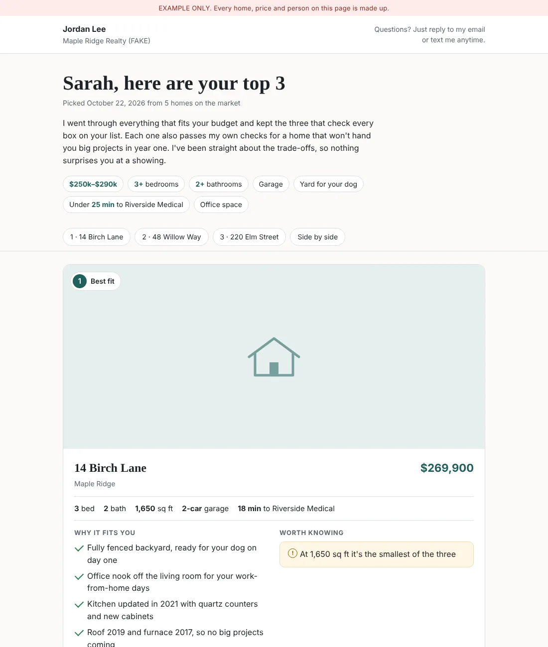 Example buyer page titled 'Sarah, here are your top 3', with made-up homes and prices
